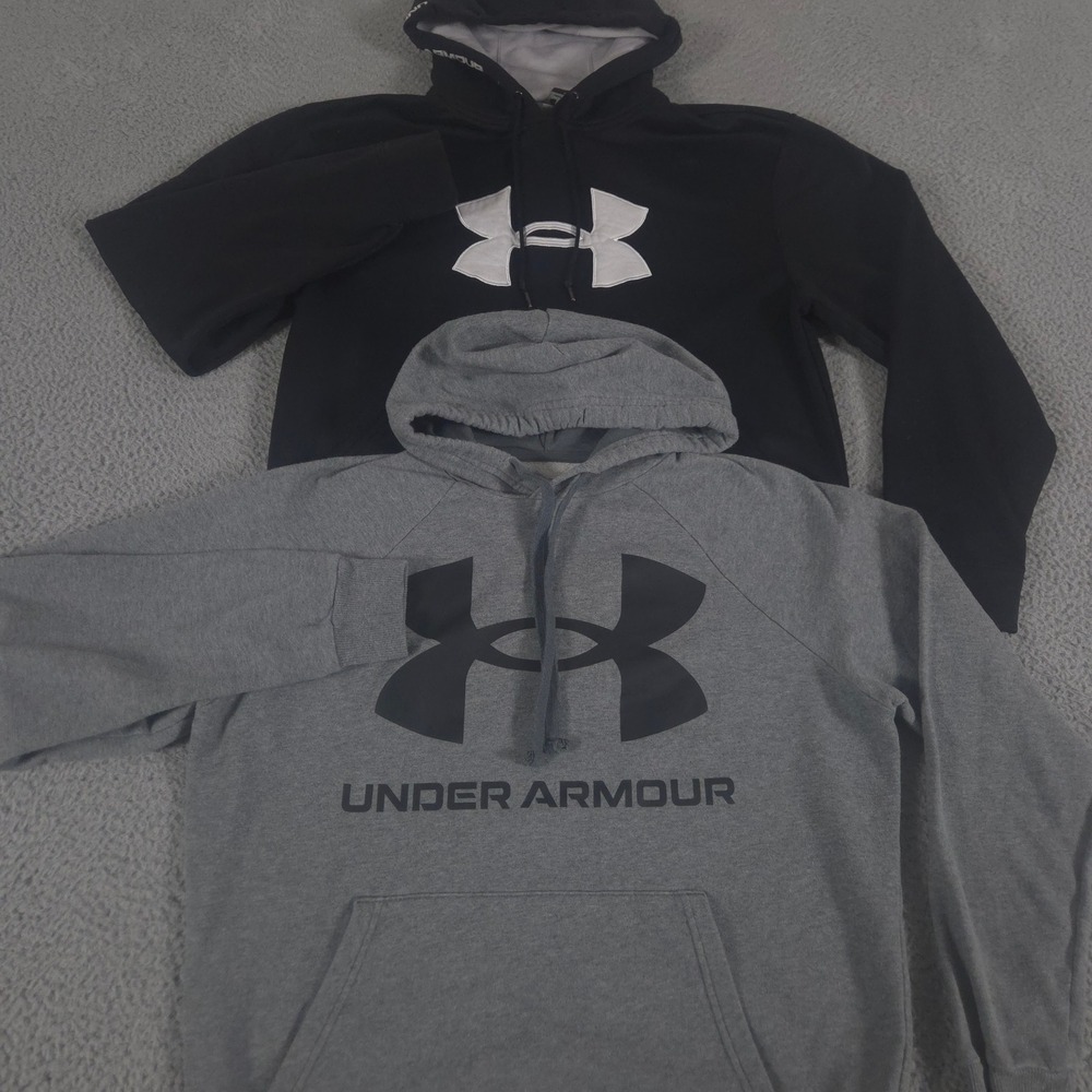 LOT OF 2 Under Armour Hoodie Men Small Black Grey Rival Fleece Big Logo Pullover